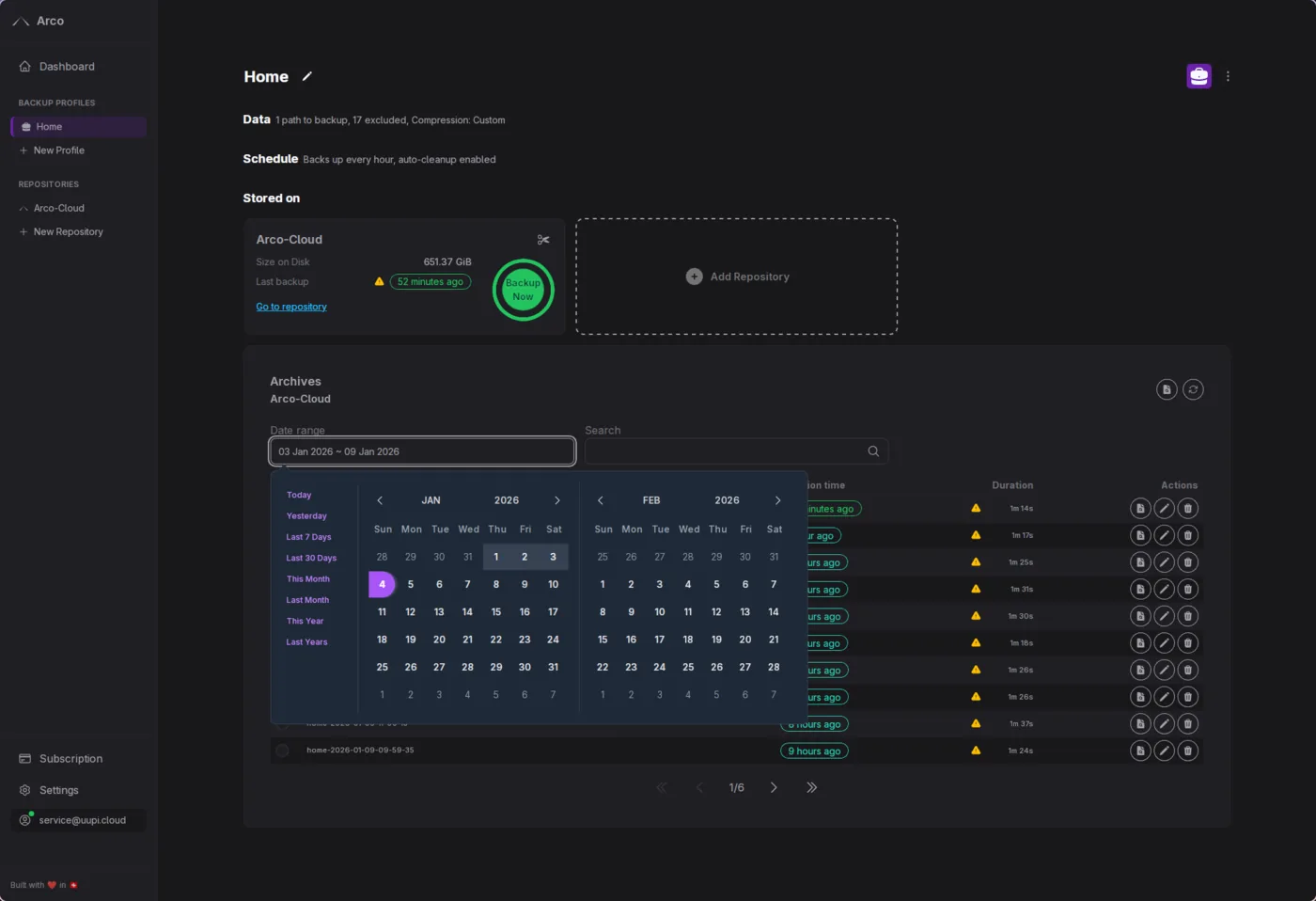 Arco desktop app: a backup profile with schedule and archives