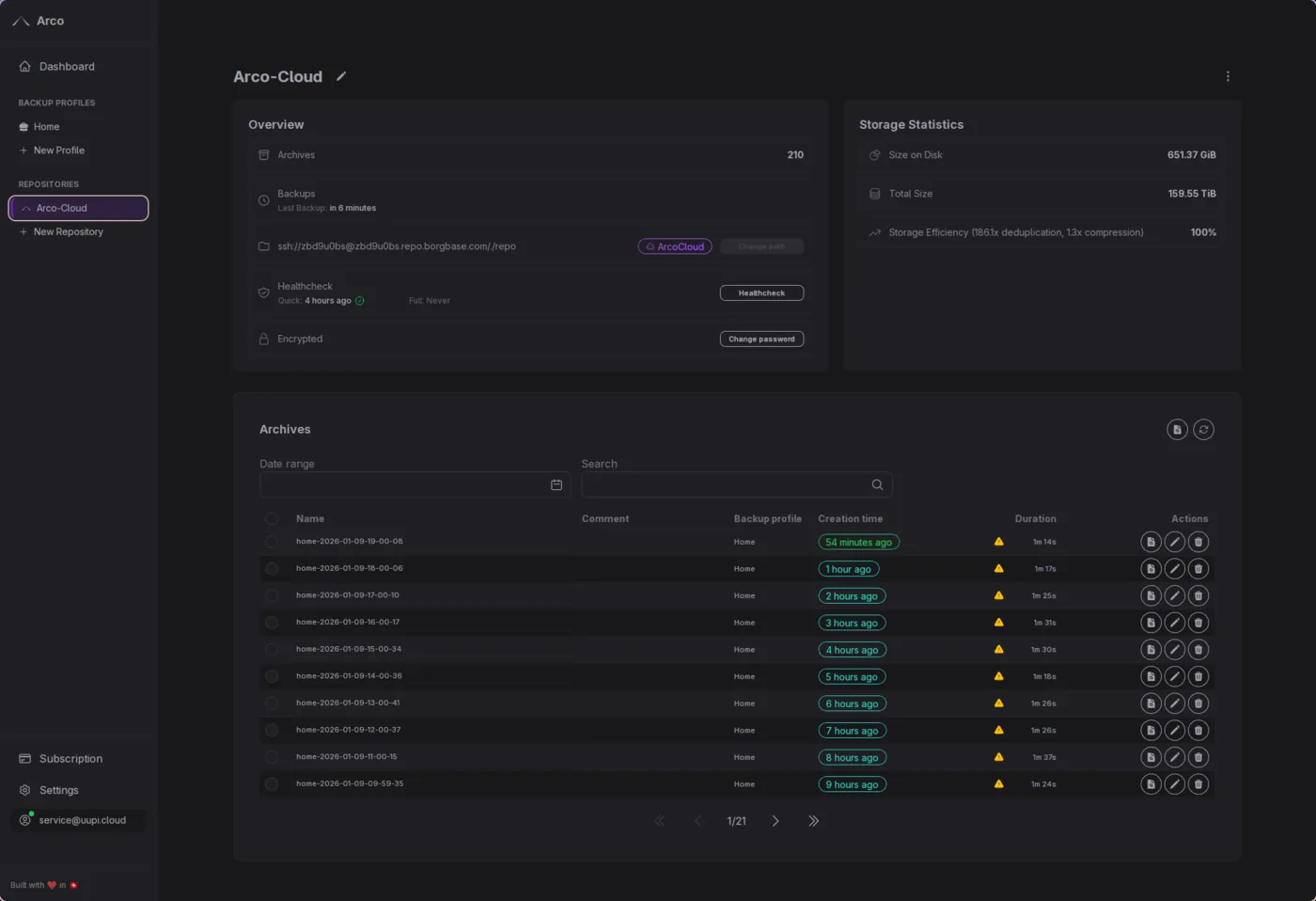 Arco desktop app showing an ArcoCloud repository with storage statistics