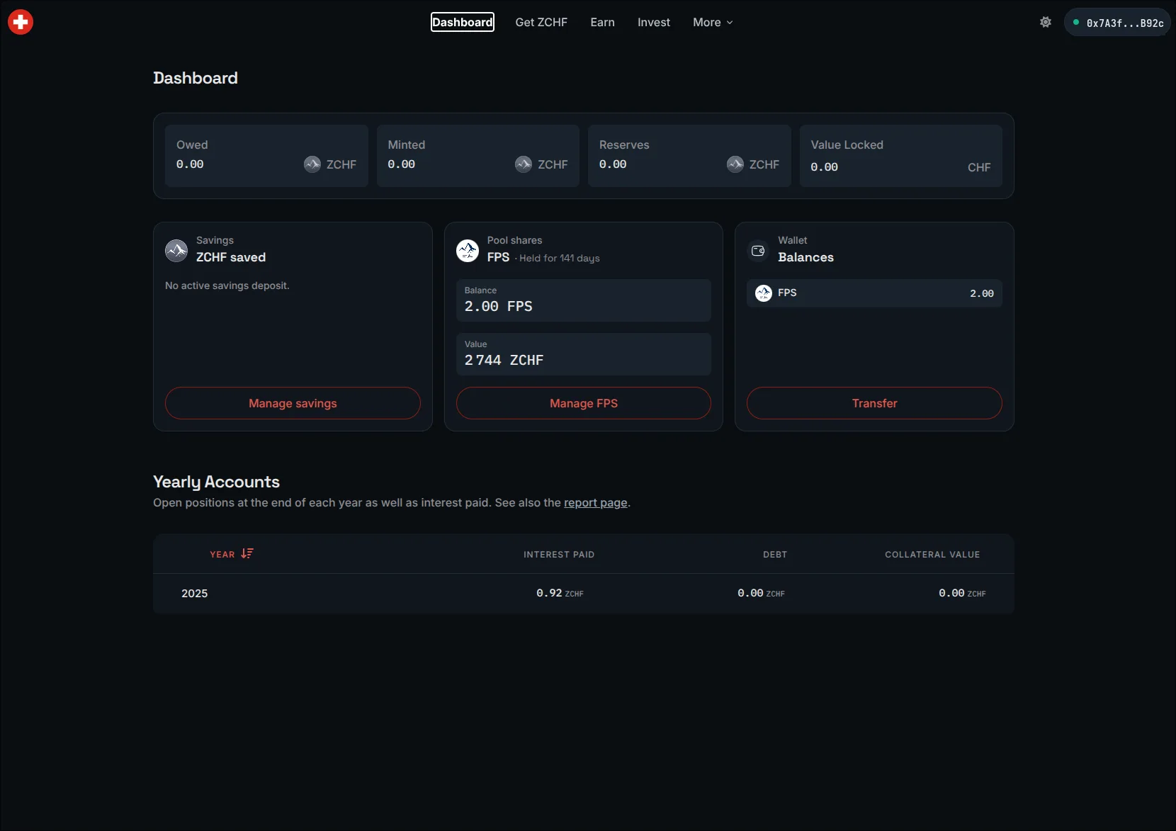 Frankenport dashboard: portfolio totals, savings and pool shares