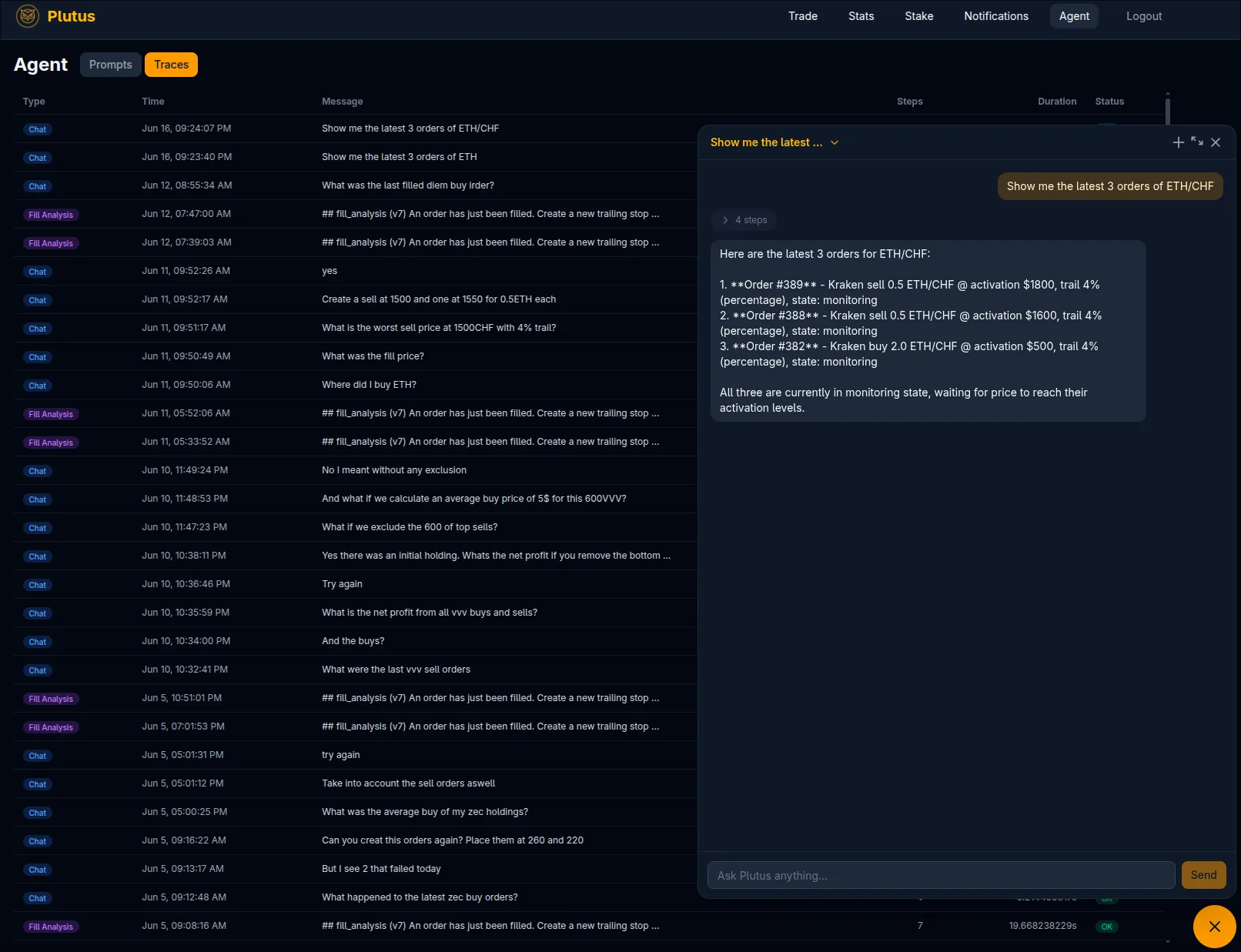 Plutus agent: LLM chat with traceable tool calls